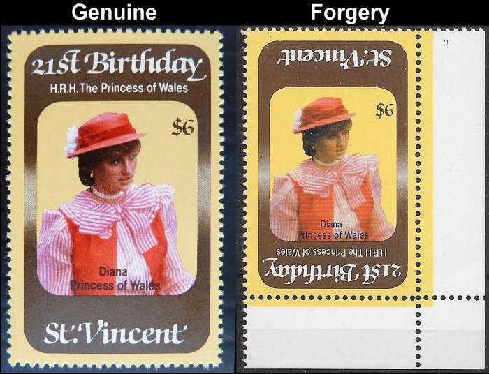 Saint Vincent 1982 21st Birthday Forgery with Original Stamp Comparison