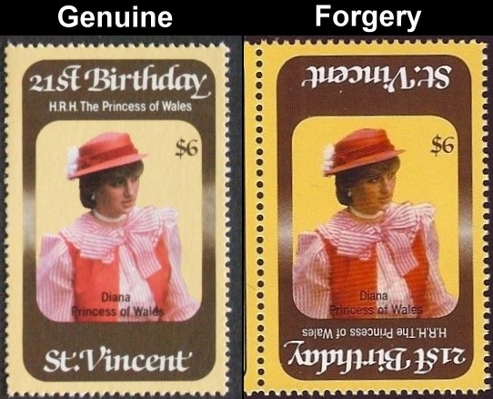 Saint Vincent 1982 21st Birthday Different Forgery with Original Stamp Comparison