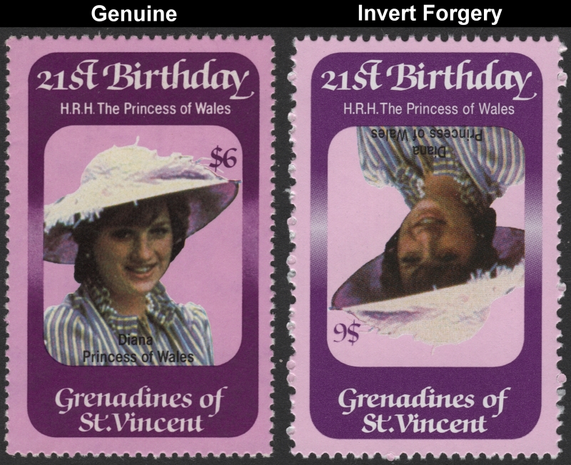 Saint Vincent Grenadines 1982 21st Birthday Inverted Frame 2nd Printing Forgery with Genuine Stamp Comparison