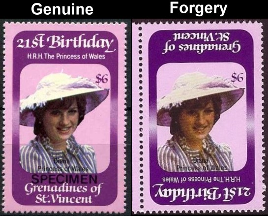 Saint Vincent Grenadines 1982 21st Birthday Forgery with Original Stamp Comparison