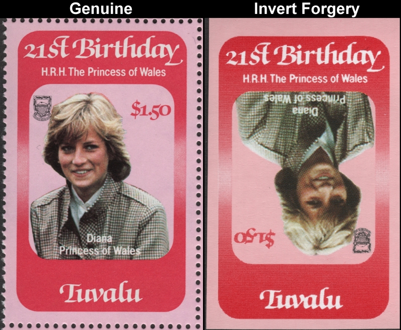 Tuvalu 1982 21st Birthday Inverted Frame 1st Printing Forgery with Genuine Stamp Comparison