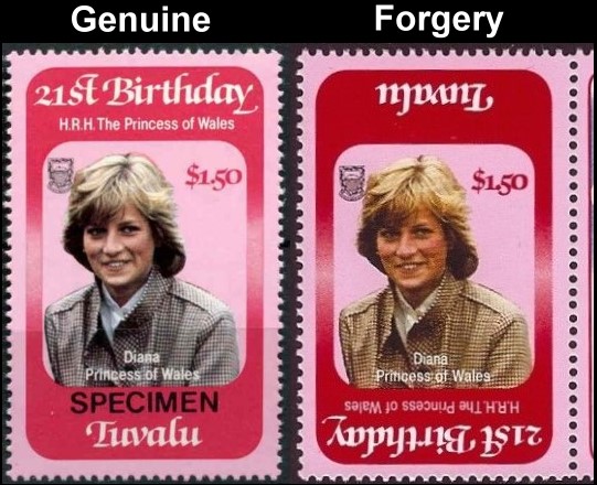 Tuvalu 1982 21st Birthday Forgery with Original Stamp Comparison