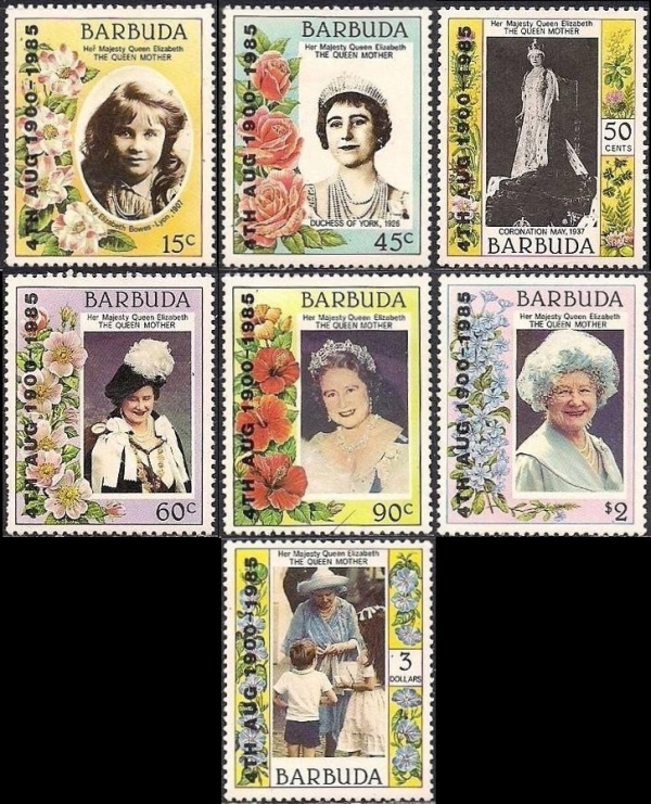 Barbuda 1985 85th Birthday of Queen Elizabeth the Queen Mother 1st Issue Overprinted 4TH AUG 1900-1985