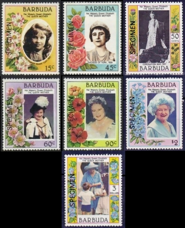 Barbuda 1985 85th Birthday of Queen Elizabeth the Queen Mother 1st Issue SPECIMEN Stamps