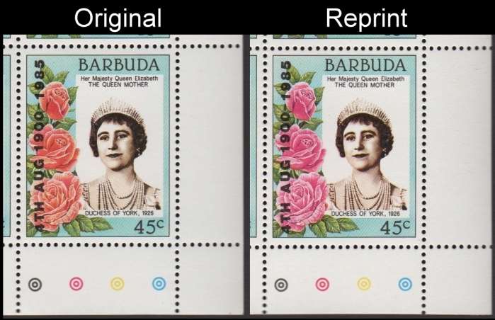 Barbuda 1985 Scott 725 SG 810 Closeup Comparison of the Reprint Stamp