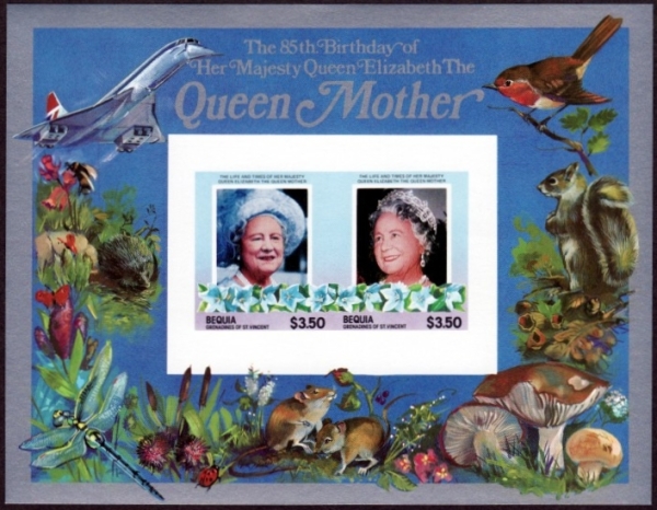 Saint Vincent Bequia 1985 85th Birthday of Queen Elizabeth the Queen Mother Imperforate $3.50 Restricted Printing Souvenir Sheet