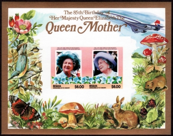 Saint Vincent Bequia 1985 85th Birthday of Queen Elizabeth the Queen Mother Imperforate $6.00 Restricted Printing Souvenir Sheet