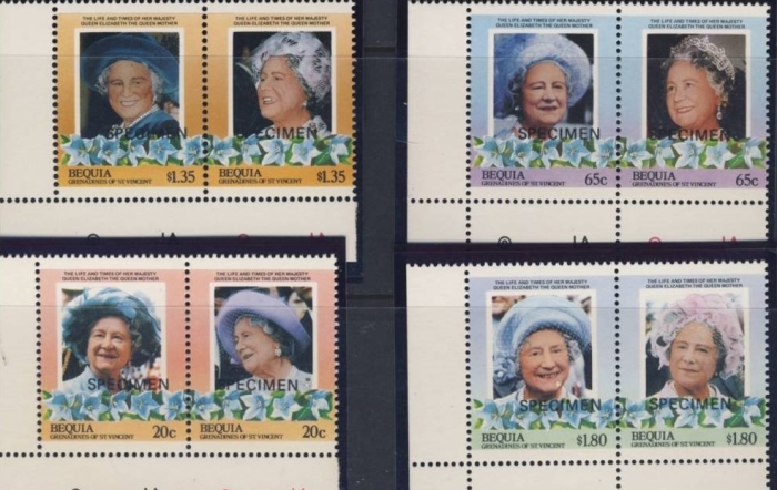 Saint Vincent Bequia 1985 85th Birthday of Queen Elizabeth the Queen Mother Omnibus Series SPECIMEN Stamps