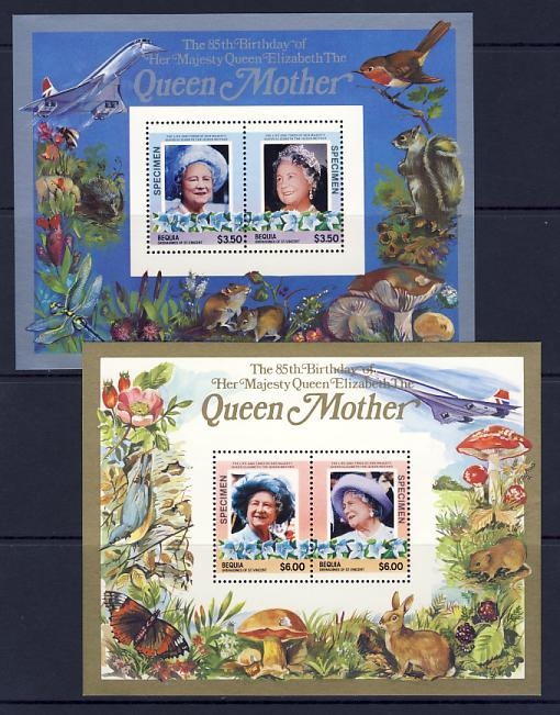 Saint Vincent Bequia 1985 85th Birthday of Queen Elizabeth the Queen Mother SPECIMEN Overprinted Restricted Printing Souvenir Sheets