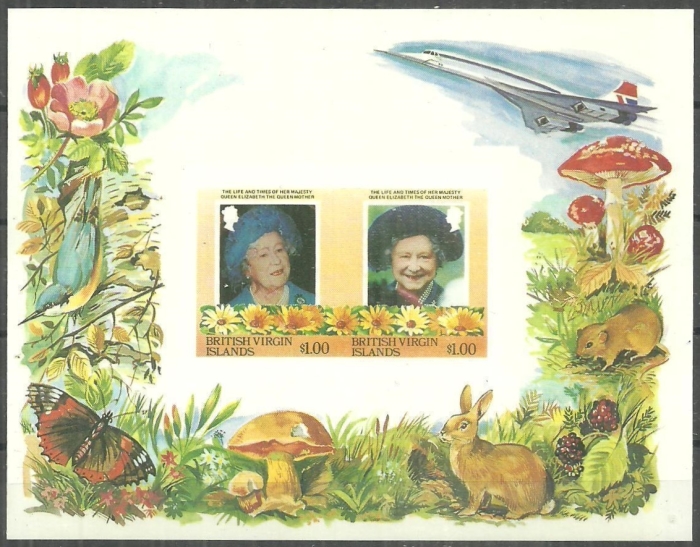 British Virgin Islands 1985 85th Birthday of Queen Elizabeth the Queen Mother Imperforate $2.50 Restricted Printing Missing Gold Error Souvenir Sheet
