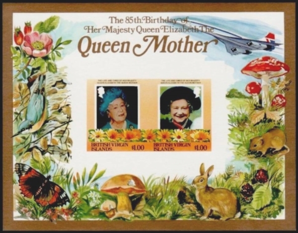 British Virgin Islands 1985 85th Birthday of Queen Elizabeth the Queen Mother $1.00 Imperforate Restricted Printing Souvenir Sheet