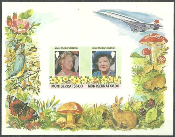 Montserrat 1985 85th Birthday of Queen Elizabeth the Queen Mother Imperforate $6.00 Restricted Printing Missing Gold Error Souvenir Sheet