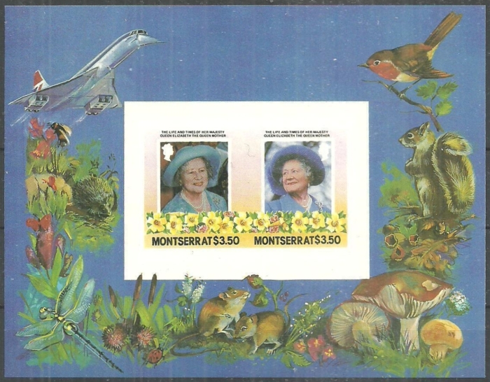 Montserrat 1985 85th Birthday of Queen Elizabeth the Queen Mother Imperforate $3.50 Restricted Printing Missing Silver Error Souvenir Sheet