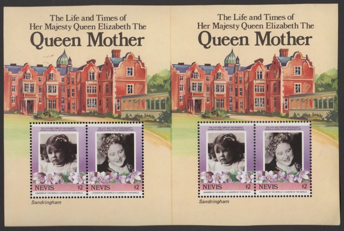 Nevis 1985 85th Birthday of Queen Elizabeth the Queen Mother Omnibus Series Imperforate Between Souvenir Sheet Pair Found in the Archive