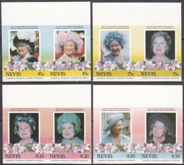 Nevis 1985 85th Birthday of Queen Elizabeth the Queen Mother Imperforate Stamp Varieties