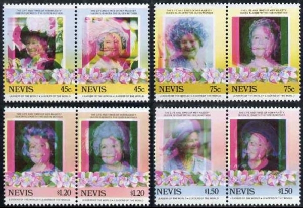 Nevis 1985 85th Birthday of Queen Elizabeth the Queen Mother Shifted Color Stamp Variety