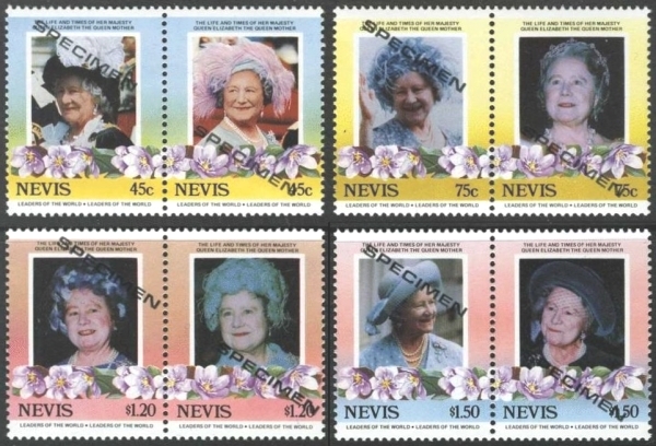 Nevis 1985 85th Birthday of Queen Elizabeth the Queen Mother Omnibus Series SPECIMEN Stamps