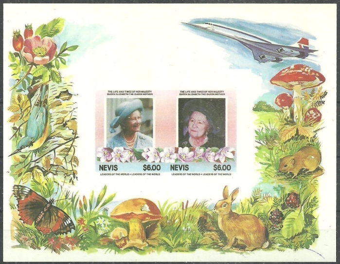 Nevis 1985 85th Birthday of Queen Elizabeth the Queen Mother Imperforate $6.00 Restricted Printing Missing Gold Error Souvenir Sheet