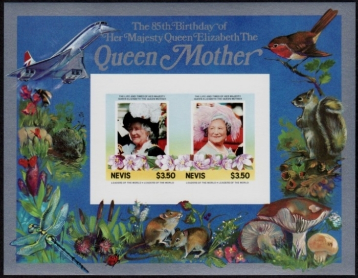 Nevis 1985 85th Birthday of Queen Elizabeth the Queen Mother $3.50 Imperforate Restricted Printing Souvenir Sheet