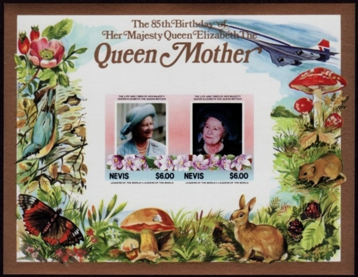 Nevis 1985 85th Birthday of Queen Elizabeth the Queen Mother $6.00 Imperforate Restricted Printing Souvenir Sheet