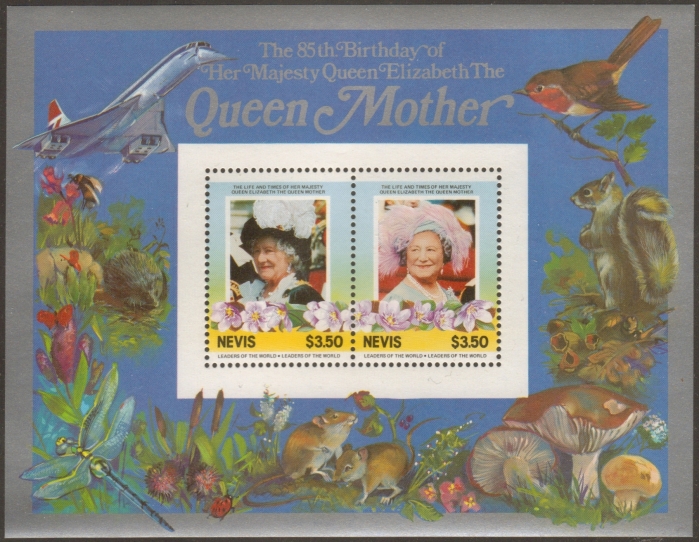 Nevis 1985 85th Birthday of Queen Elizabeth the Queen Mother $3.50 Restricted Printing Souvenir Sheet