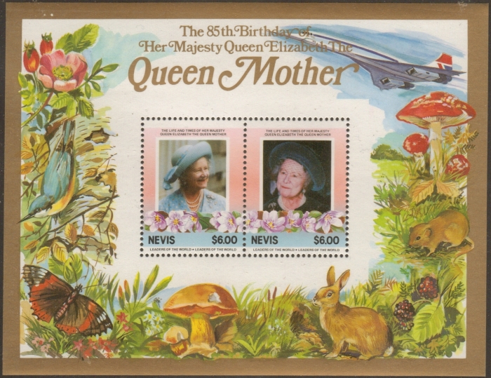 Nevis 1985 85th Birthday of Queen Elizabeth the Queen Mother $6.00 Restricted Printing Souvenir Sheet