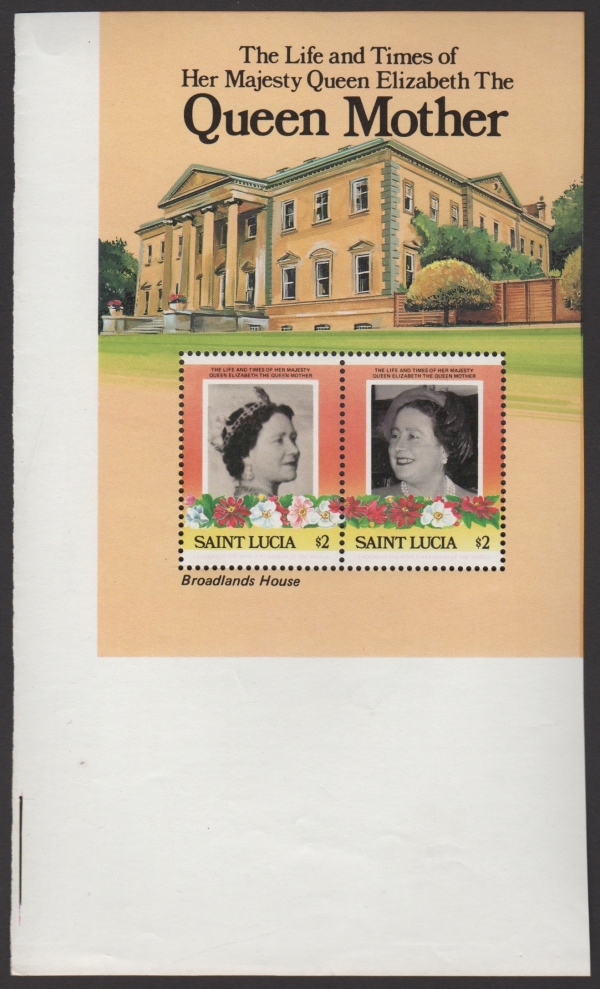 Saint Lucia 1985 85th Birthday of Queen Elizabeth the Queen Mother Omnibus Series Souvenir Sheet cut from Lower Corner of the Press Sheet Found in the Archive