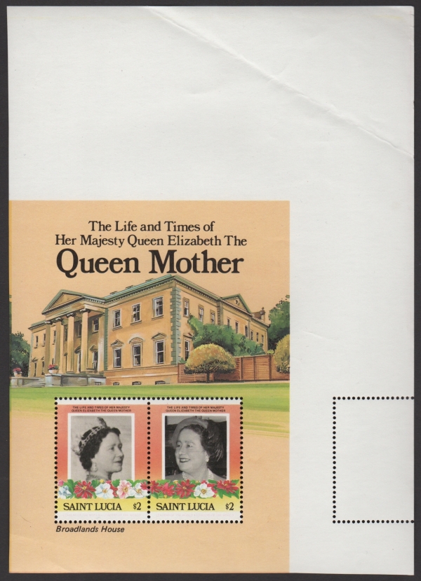 Saint Lucia 1985 85th Birthday of Queen Elizabeth the Queen Mother Omnibus Series Perforated Blank Variety Souvenir Sheet Found in the Archive