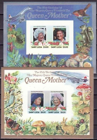Saint Lucia 1985 85th Birthday of Queen Elizabeth the Queen Mother Imperforate Restricted Printing Souvenir Sheets