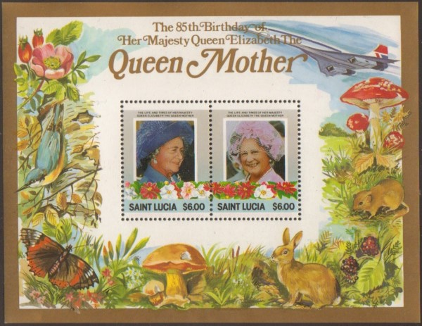 Saint Lucia 1985 85th Birthday of Queen Elizabeth the Queen Mother $6.00 Restricted Printing Souvenir Sheet