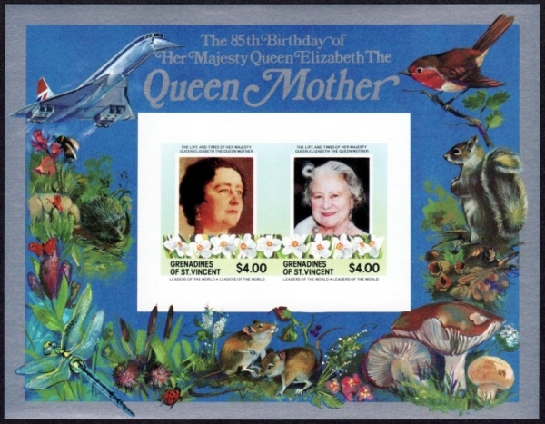 Saint Vincent Grenadines 1985 85th Birthday of Queen Elizabeth the Queen Mother Imperforate $4.00 Restricted Printing Souvenir Sheet