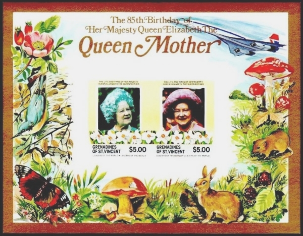 Saint Vincent Grenadines 1985 85th Birthday of Queen Elizabeth the Queen Mother Imperforate $5.00 Restricted Printing Souvenir Sheet