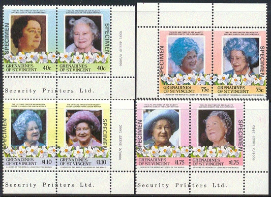 Saint Vincent Grenadines 1985 85th Birthday of Queen Elizabeth the Queen Mother Omnibus Series Original SPECIMEN Stamps