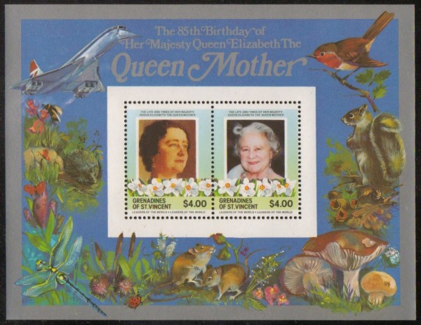 Saint Vincent Grenadines 1985 85th Birthday of Queen Elizabeth the Queen Mother $4.00 Restricted Printing Souvenir Sheet