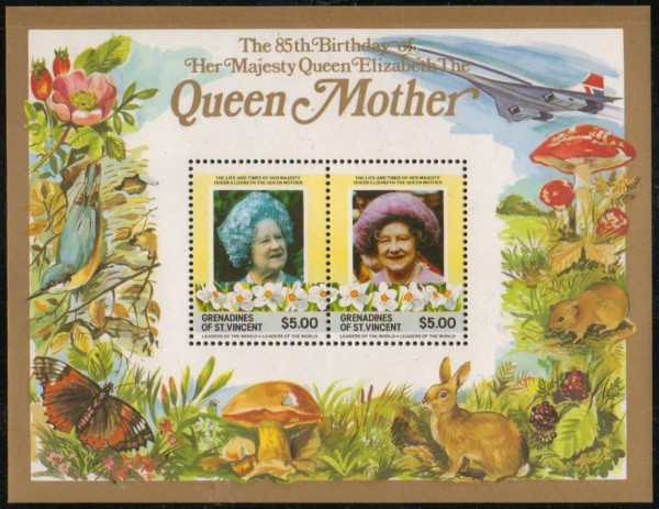 Saint Vincent Grenadines 1985 85th Birthday of Queen Elizabeth the Queen Mother $5.00 Restricted Printing Souvenir Sheet
