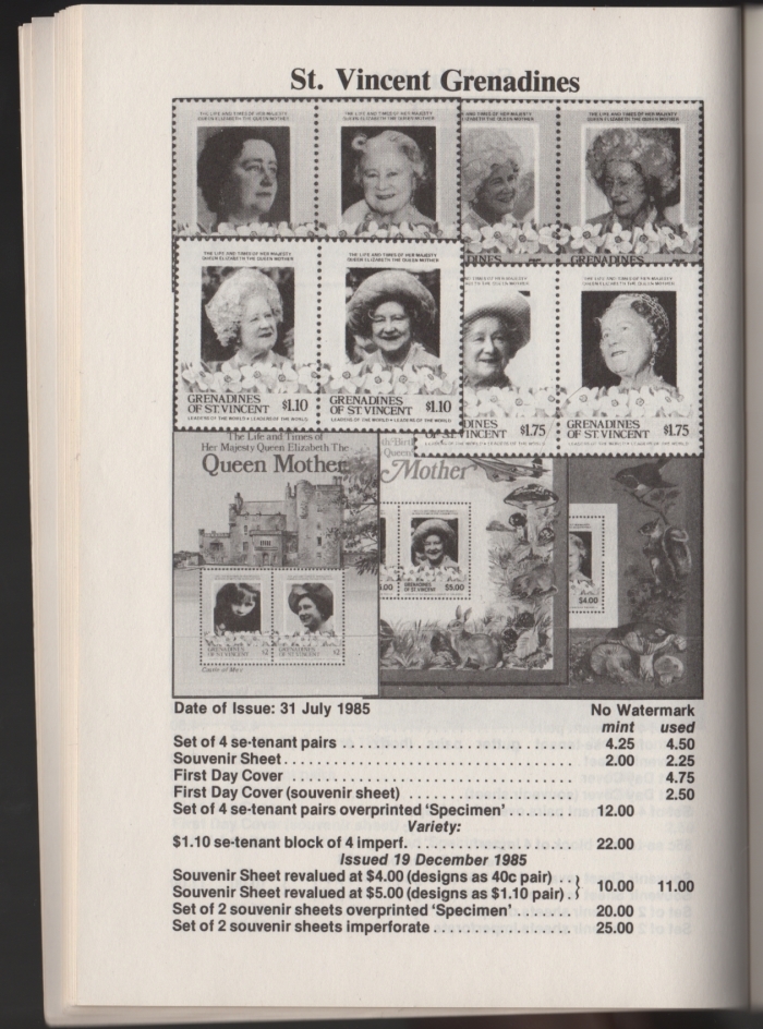 Urch Harris Ad Showing Saint Vincent Grenadines 1985 85th Birthday Stamps and Varieties
