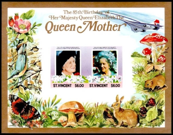 Saint Vincent 1985 85th Birthday of Queen Elizabeth the Queen Mother Imperforate $6.00 Restricted Printing Souvenir Sheet
