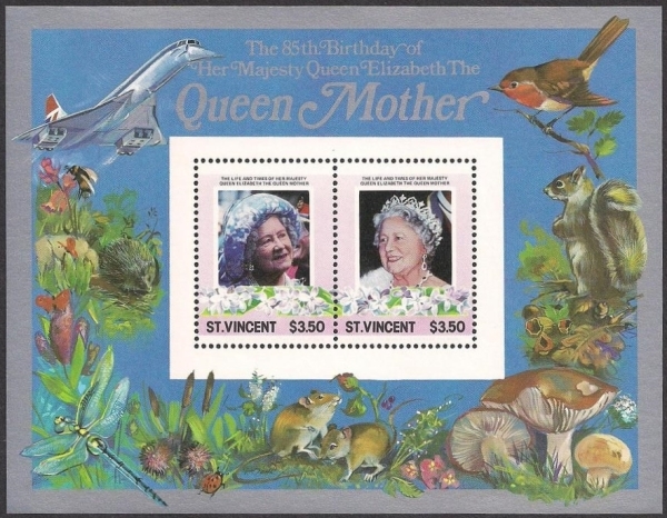 Saint Vincent 1985 85th Birthday of Queen Elizabeth the Queen Mother $3.50 Restricted Printing Souvenir Sheet