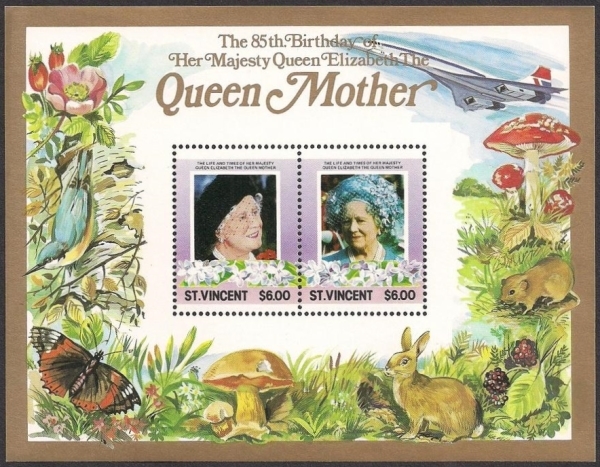 Saint Vincent 1985 85th Birthday of Queen Elizabeth the Queen Mother $6.00 Restricted Printing Souvenir Sheet