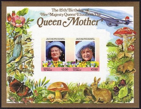 Funafuti 1986 85th Birthday of Queen Elizabeth the Queen Mother Imperforate $3.00 Restricted Printing Souvenir Sheet
