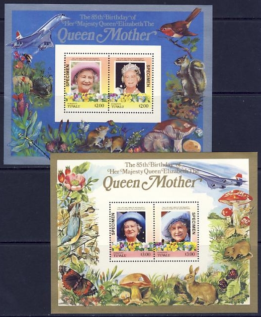 Funafuti 1986 85th Birthday of Queen Elizabeth the Queen Mother SPECIMEN Overprinted Restricted Printing Souvenir Sheets