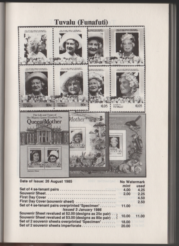 Urch Harris Ad Showing Tuvalu Funafuti 1985 85th Birthday Stamps and Varieties