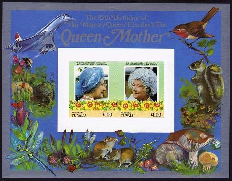Nanumea 1986 85th Birthday of Queen Elizabeth the Queen Mother Imperforate $1.00 Restricted Printing Souvenir Sheet