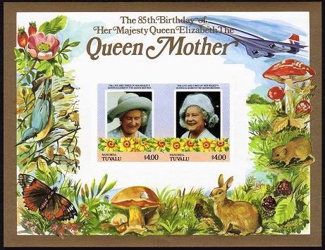 Nanumea 1986 85th Birthday of Queen Elizabeth the Queen Mother Imperforate $4.00 Restricted Printing Souvenir Sheet