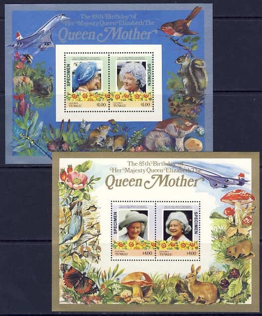 Nanumea 1986 85th Birthday of Queen Elizabeth the Queen Mother SPECIMEN Overprinted Restricted Printing Souvenir Sheets