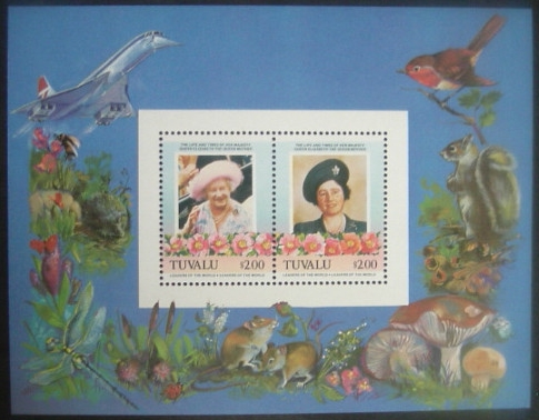 Tuvalu 1985 85th Birthday of Queen Elizabeth the Queen Mother $2.00 Restricted Printing Missing Silver Error Souvenir Sheet