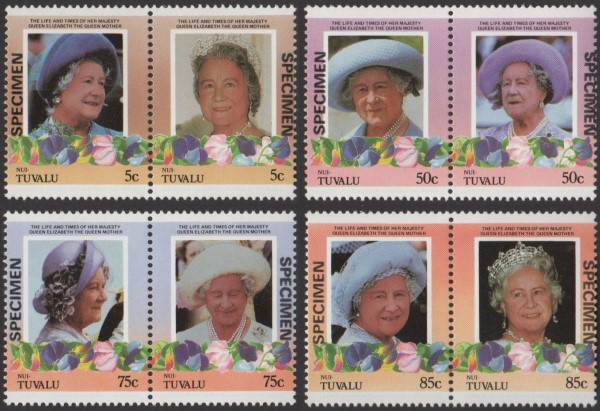 Nui 1985 85th Birthday of Queen Elizabeth the Queen Mother Omnibus Series SPECIMEN Stamps