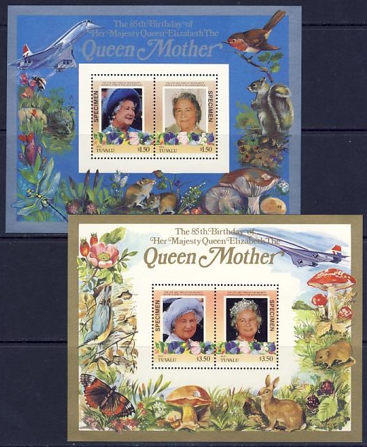 Nui 1986 85th Birthday of Queen Elizabeth the Queen Mother SPECIMEN Overprinted Restricted Printing Souvenir Sheets