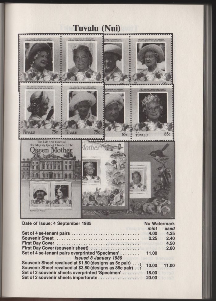 Urch Harris Ad Showing Tuvalu Nui 1985 85th Birthday Stamps and Varieties