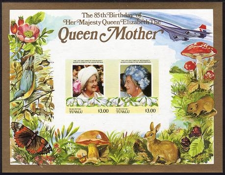 Nukufetau 1986 85th Birthday of Queen Elizabeth the Queen Mother Imperforate $3.00 Restricted Printing Souvenir Sheet